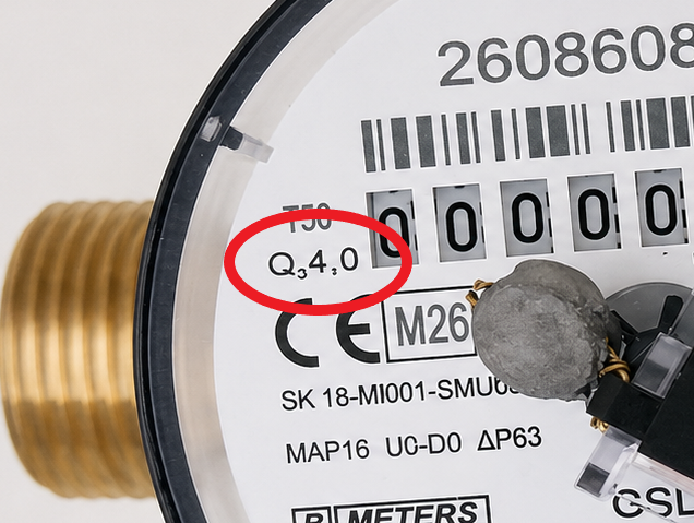 Oznaczenie Q3 4,0 na tarczy wodomierza BMETERS GSD8-R