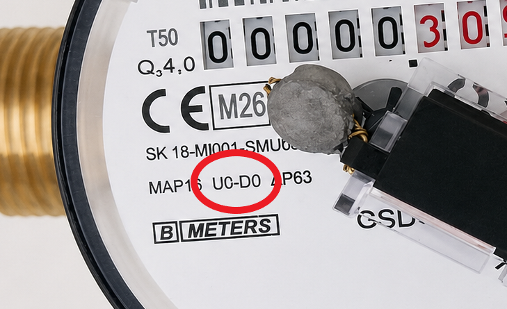 Zbliżenie tarczy wodomierza B METERS GSD8-R z oznaczeniem U0-D0 zaznaczonym czerwonym okręgiem.