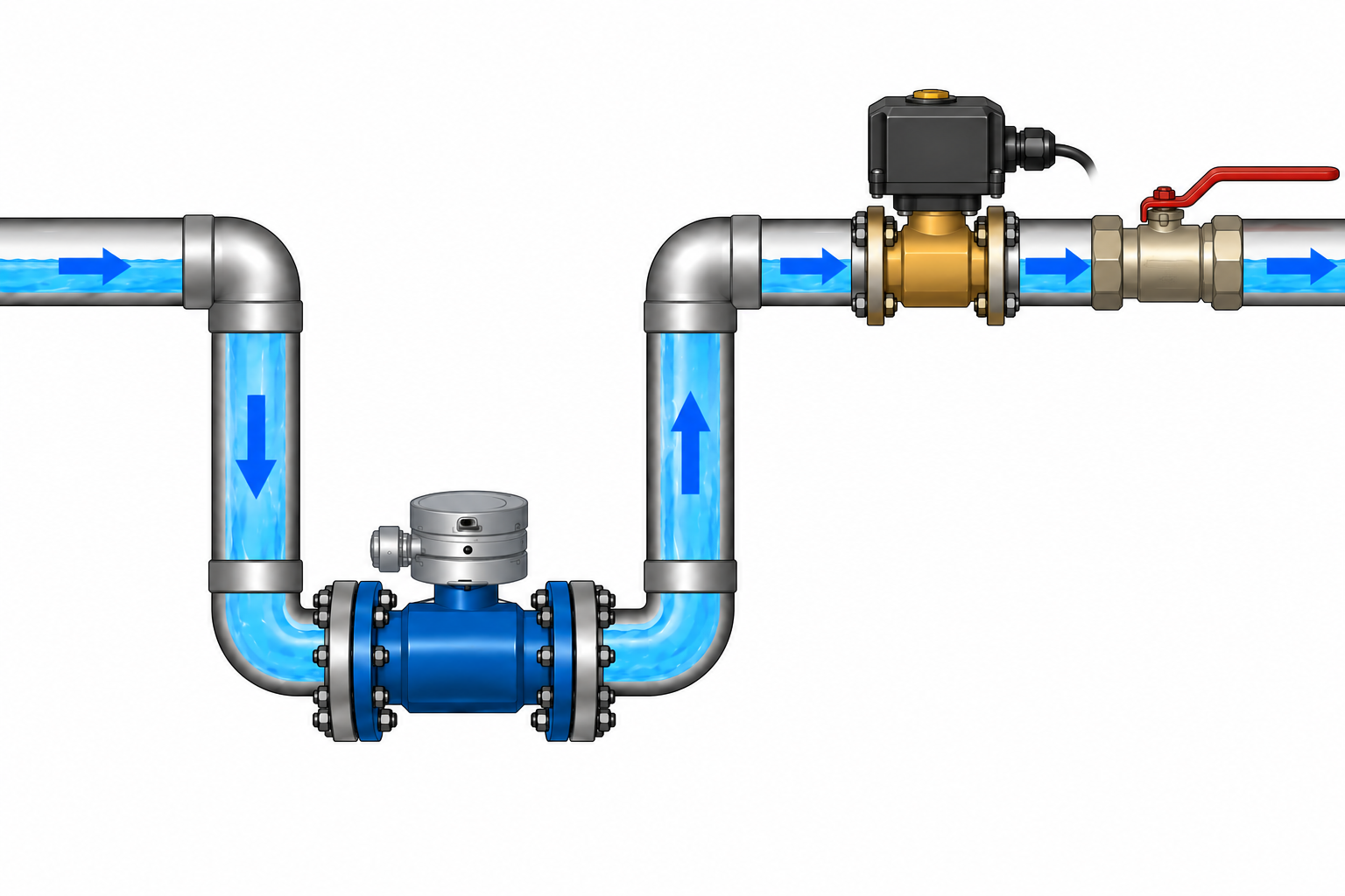 Przepływomierz w dolnej części rury U, a za nim elektrozawór i ręczny zawór z czerwoną dźwignią. Strzałki pokazują kierunek przepływu.